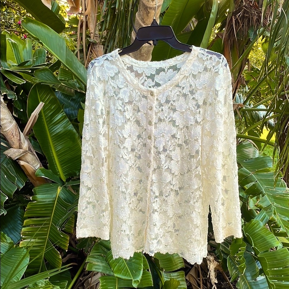 Sheer lace, button-down top or cardigan